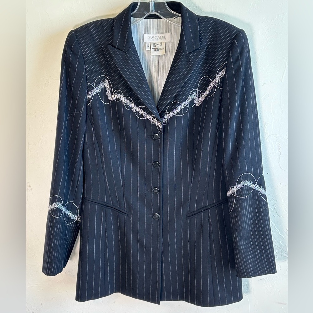 Vintage 90s Escada Wool Black Pinstripe Blazer with Embroidered Design. Sz 38